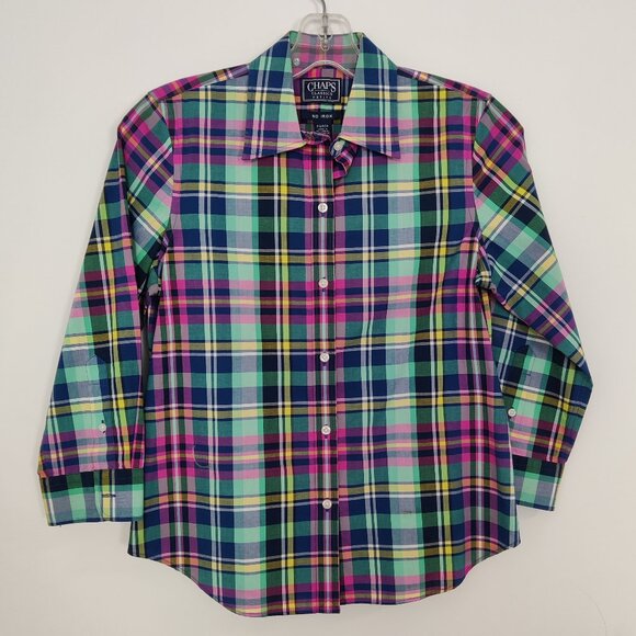 Chaps Classics Women's Shirt Size S Petite 100% Cotton No Iron Plaid Multicolor - Picture 1 of 8
